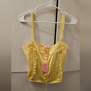 Sugar Thrillz Yellow Lace Trim Satin Tank NEW